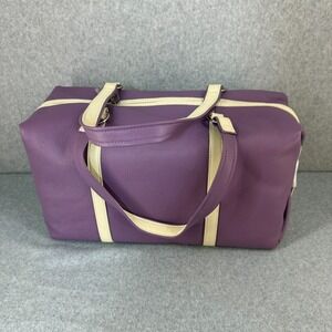 Levenger Leather Duffel Travel Weekend Touring Bag Grape Purple Cream Strap NEW